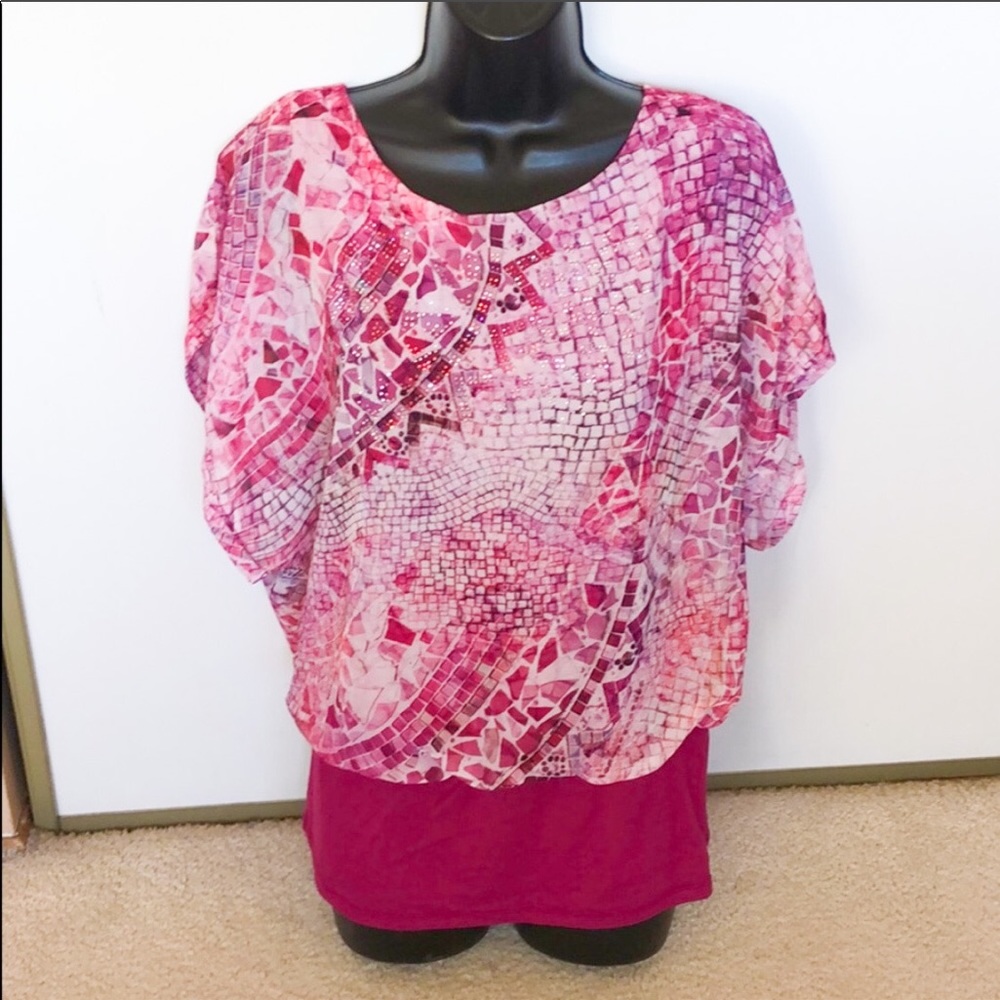 Pink short sleeve top with rhinestones. Size L